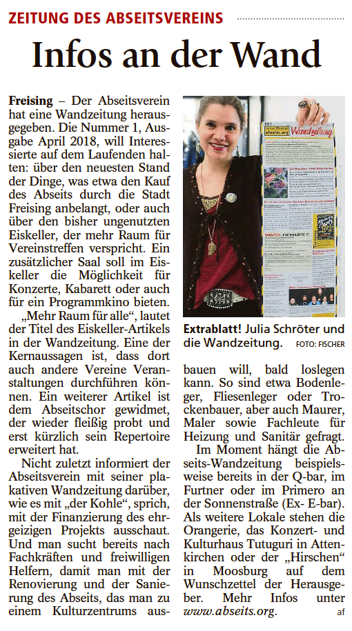 Zeitungsartikel Freisinger Tagblatt 14./15. April 2018: Infos an der Wand